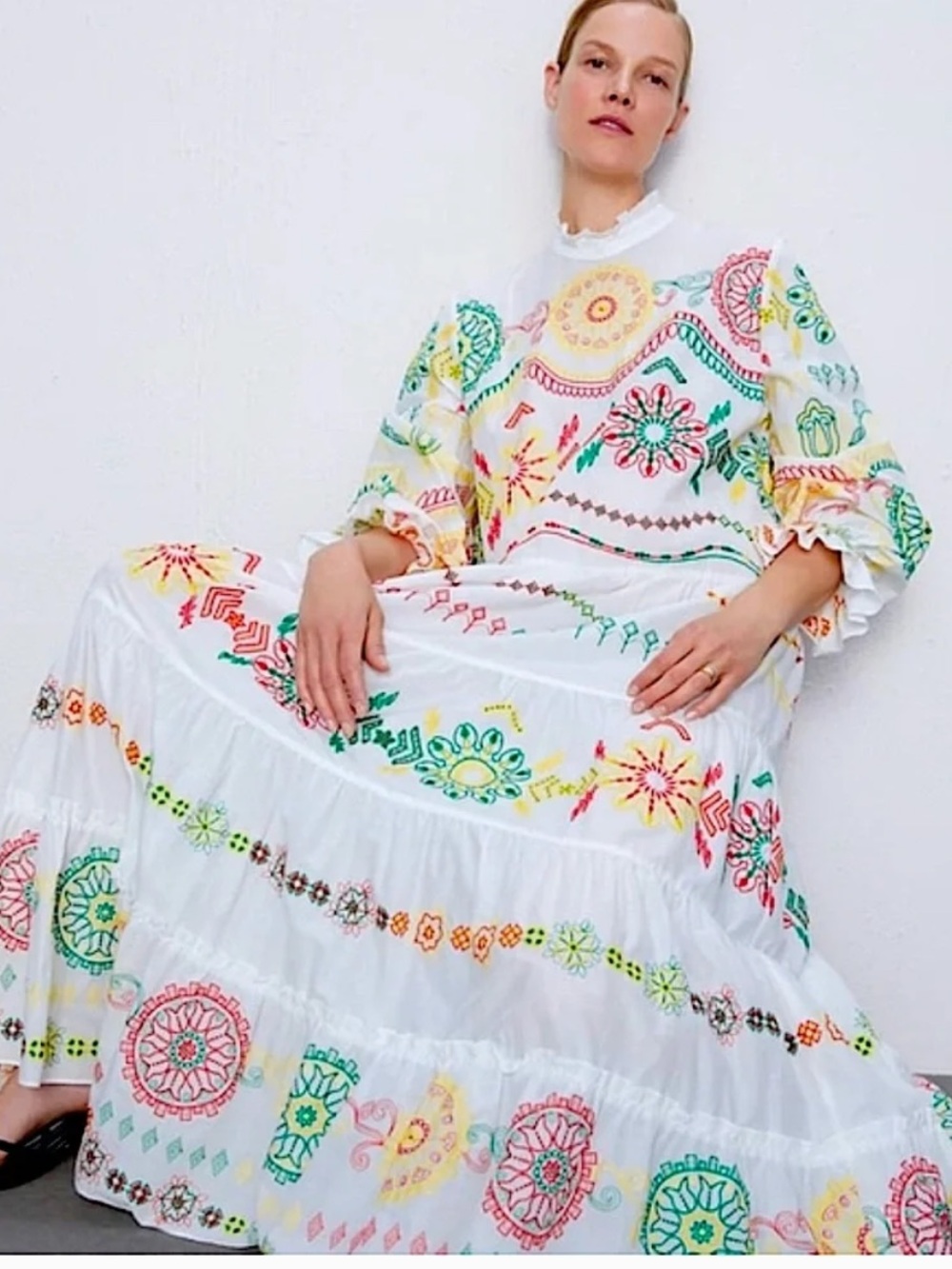 ZARA White Embroidered Maxi Dress
